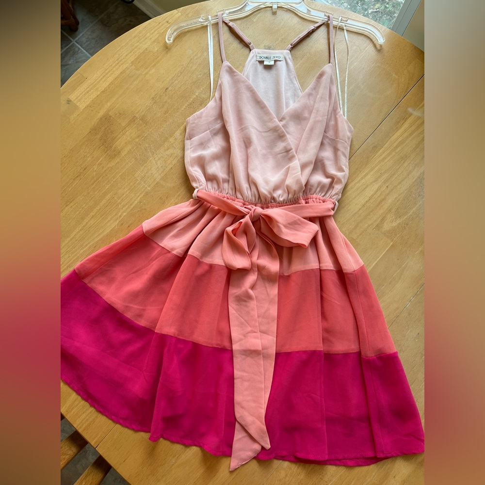 Spaghetti Strap Colorblock Pink and Coral Pastel Short Dress with Belt